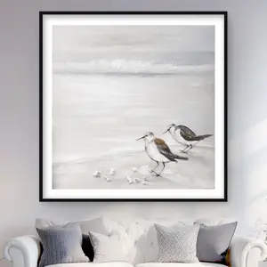 212 MAIN 48x48 in. Beige Framed Matted Wall Print - Minimalist Ocean Inspired Design Artwork with 2 Sandpiper Birds, Home Decor Products for Bathroom