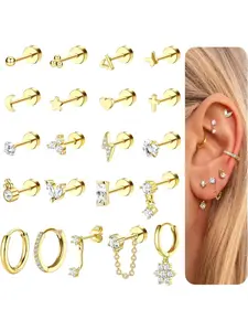 21PCS Flat Back Earrings for Women Hypoallergenic Surgical Steel Earrings Gold/Silver Stud Hoop Earrings Stack Cartilage Earring Stack Conch Daith Tragus Helix Piercing Jewellery Earring Stacking Set