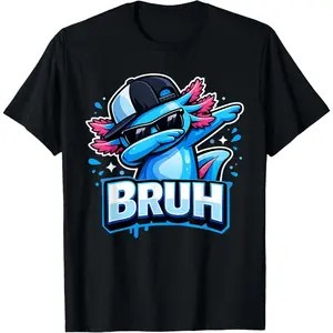 Women's funny axolotl character doing a dab with the word 'BRUH' Graphic T-Shirt - Short Sleeve Crew Neck Regular Fit Casual Wear | Soft & Breathable Fabric, Durable Print, Everyday Comfort, Machine Washable, cartoon casual, humorous, youth-oriented