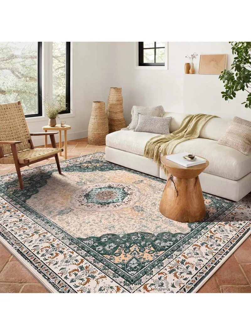 Green-5*7 feet Short Pile Area Rugs For Living Room Carpets Boho Washable Large Rugs For Bedroom Modern Vintage Classic Lounge Rug