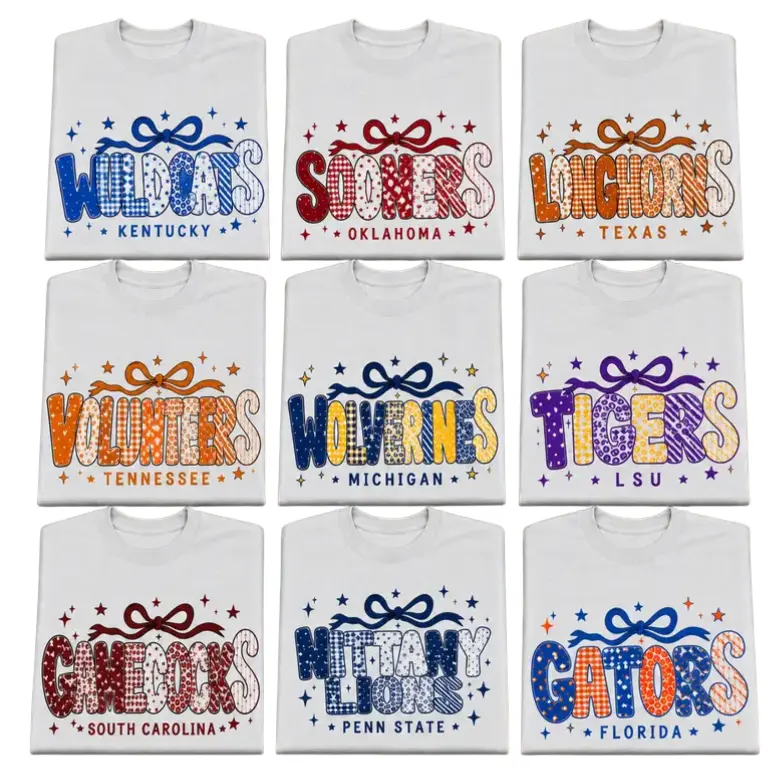 All Team College Unisex T Shirt, Vintage Varsity Bow Graphic Tee, Retro Preppy Aesthetic Soft Cotton Shirt, Football Fan Inspired Streetwear, Fashion For All
