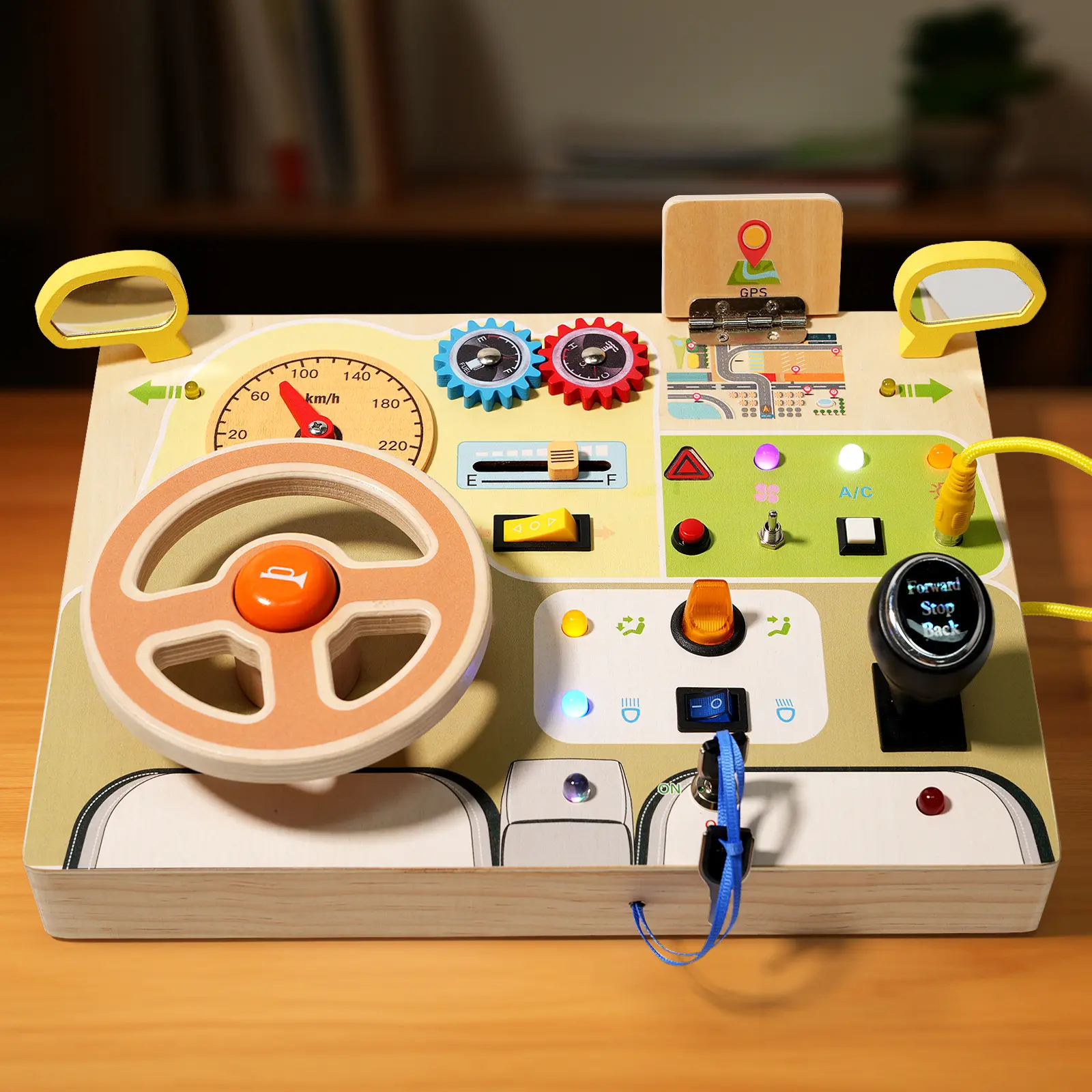 G37Wooden Busy Board Toy with LED Light & Switch Socket, Montessori Educational Early Learning Sensory Toy for Toddlers & Kids