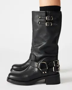 Round-toe Belt Buckle High-top Boots