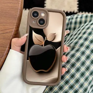 Black and Gold Metal Apple Pattern Phone Case Compatible with for iPhone 17 16 15 14 13 12 11 Pro Max Plus Air Samsung Galaxy S25 S24 S23 S22 Ultra FE Shockproof Dirt-Resistant Soft Shell creativity 11-16 furry luxury design cover Protection Protective