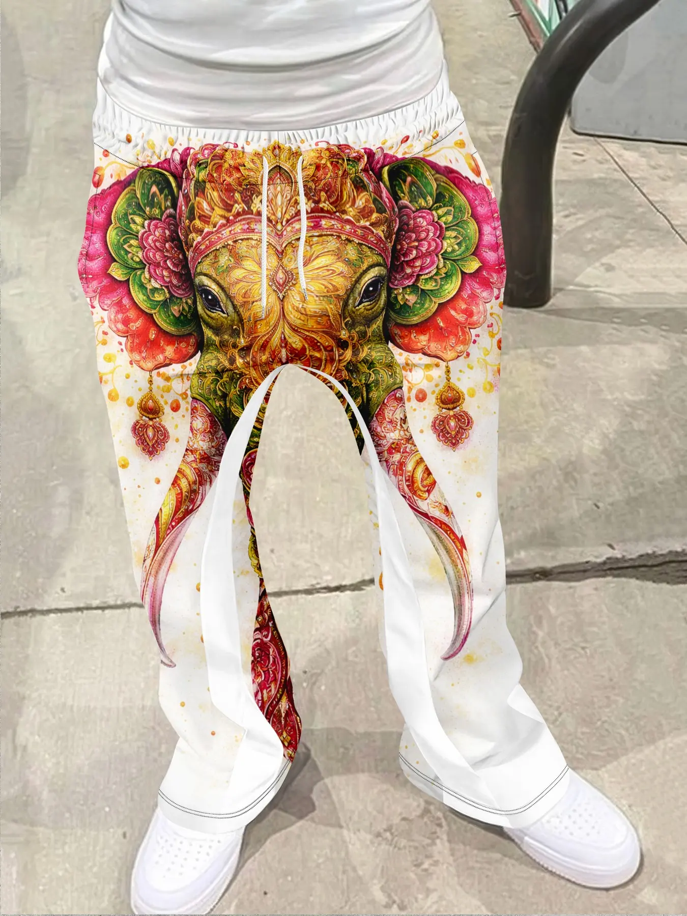Elegant Elephant Mandala Print Bell Bottoms, Bohemian Art Casual Pants, Geometric Pattern, Fitted Style, All Seasons Wear