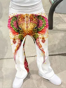 Elegant Elephant Mandala Print Bell Bottoms, Bohemian Art Casual Pants, Geometric Pattern, Fitted Style, All Seasons Wear