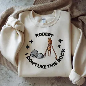 Robert I Don’t Like This Rock Embroidered Sweatshirt – Funny Meme Embroidery Crewneck, Cozy Cottagecore Unisex Sweater, Quirky Gift for Her or Him