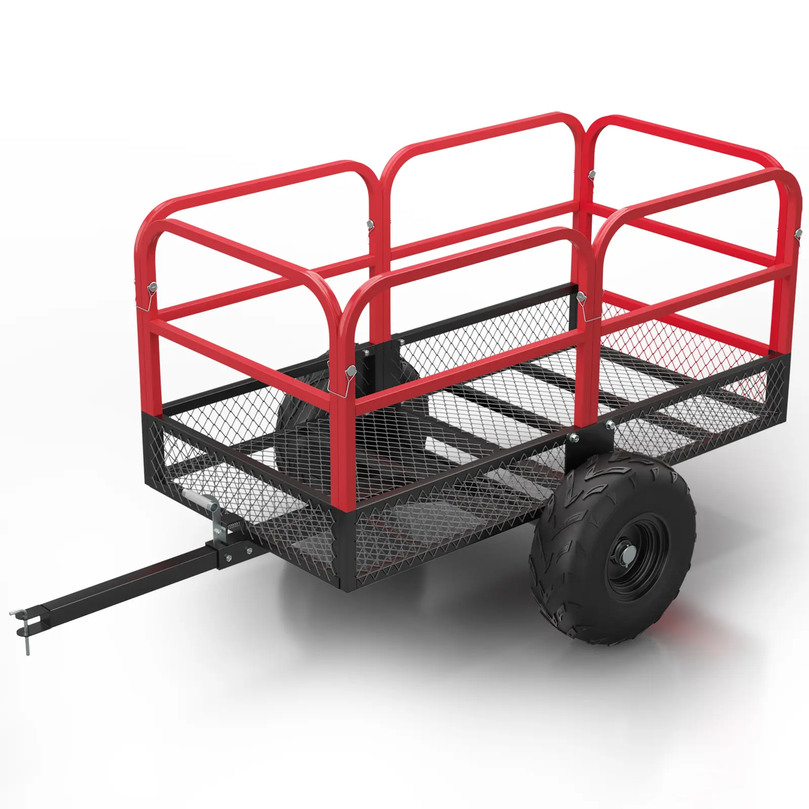 Haul up to 1700 pounds with this heavy-duty ATV tow-behind dump cart. Choose a solid steel plate body or a steel mesh body, both with removable sides and a foot-pedal dump. Link in bio.