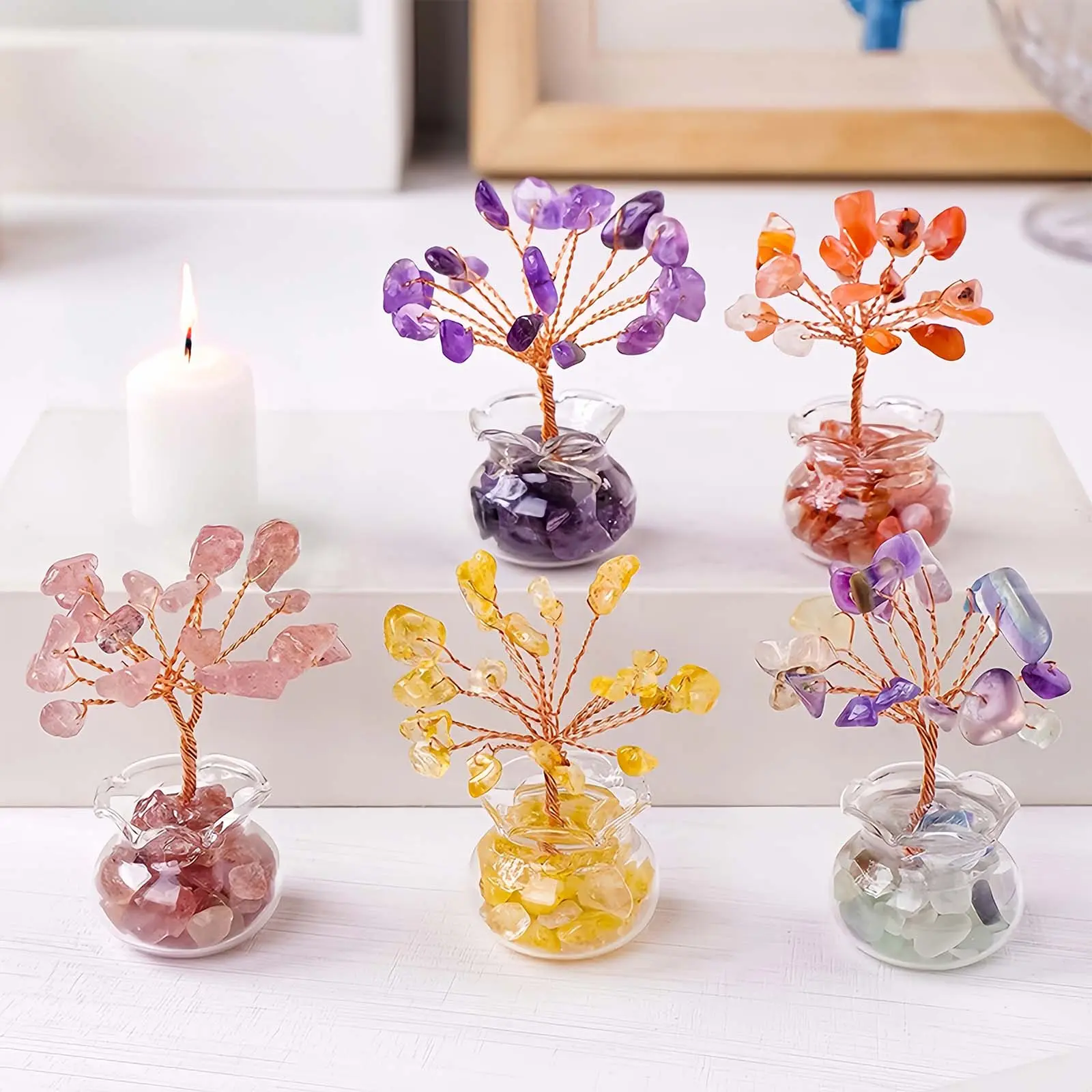 Chakra Crystal Tree Set Tree of Life Gemstone Money Trees with Glass Base,Natural Healing Crystals and Stones for Positive Energy Good Luck Home Office Decor for Women Mom Birthday Gifts