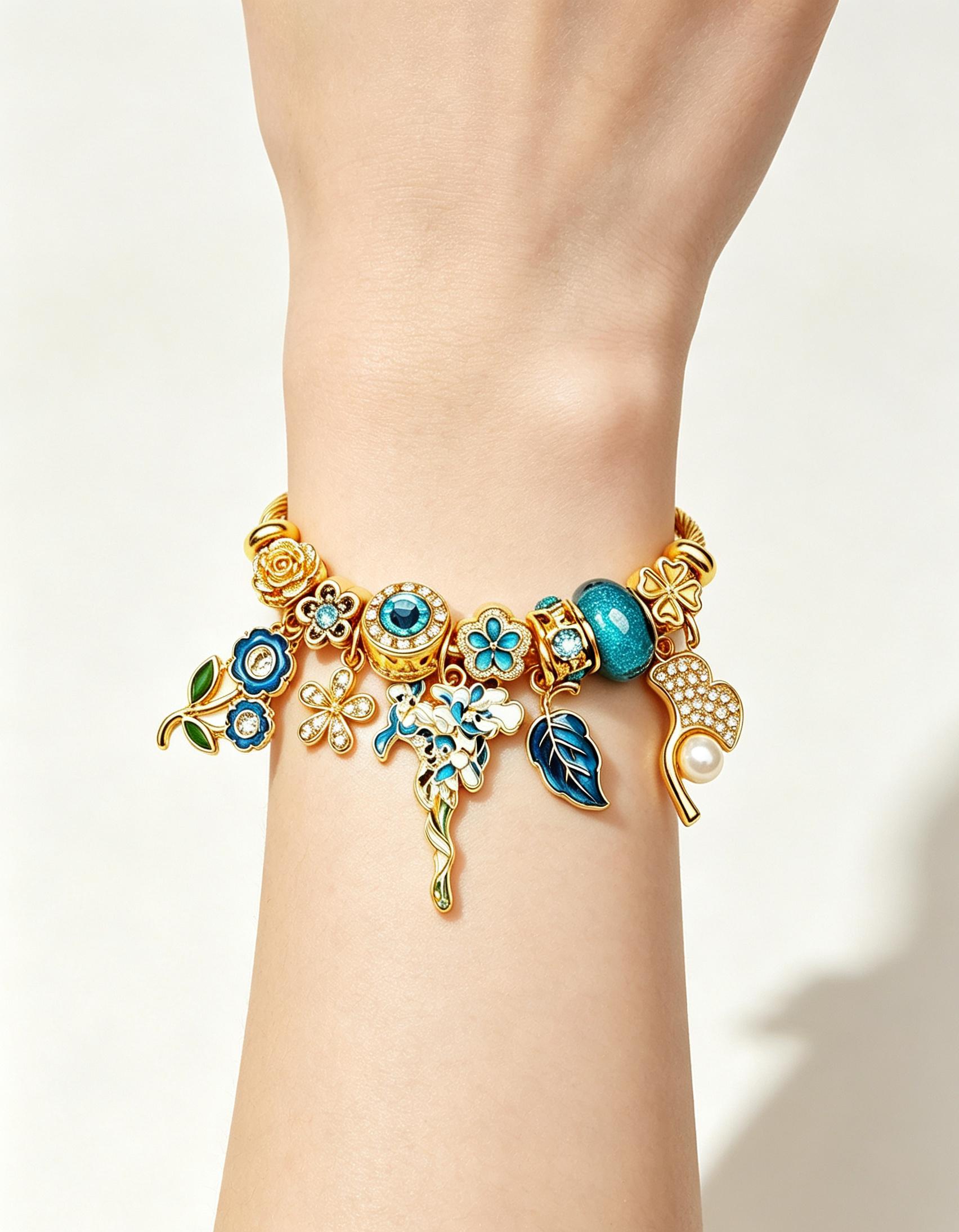 Gold Adjustable Cable Wire Charm Bangle Bracelet, Enamel Blue Flower Leaf Pearl Crystal Beaded Bracelet, Vintage Floral Jewelry Gift for Women