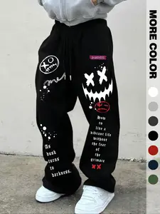 Dark Graffiti Wide Leg Pants, Casual Streetwear Trousers, Gothcore Street Style, Ghost Face Print, Multi-Color Options, Oversized Lazy Fit, Trendy Dark Fashion