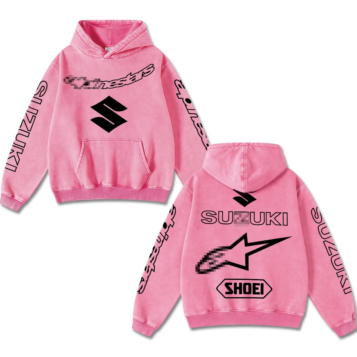 Retro Astars x Suzuki Racing Acid Washed Pink Hoodie Motor World Champion Enthusiast Apparel Streetwear Racing Team Super Motorsports Clothing Motobike Riders Supermotor Off-Road Dirt Bike Fan Gear Cotton For Motor Fan