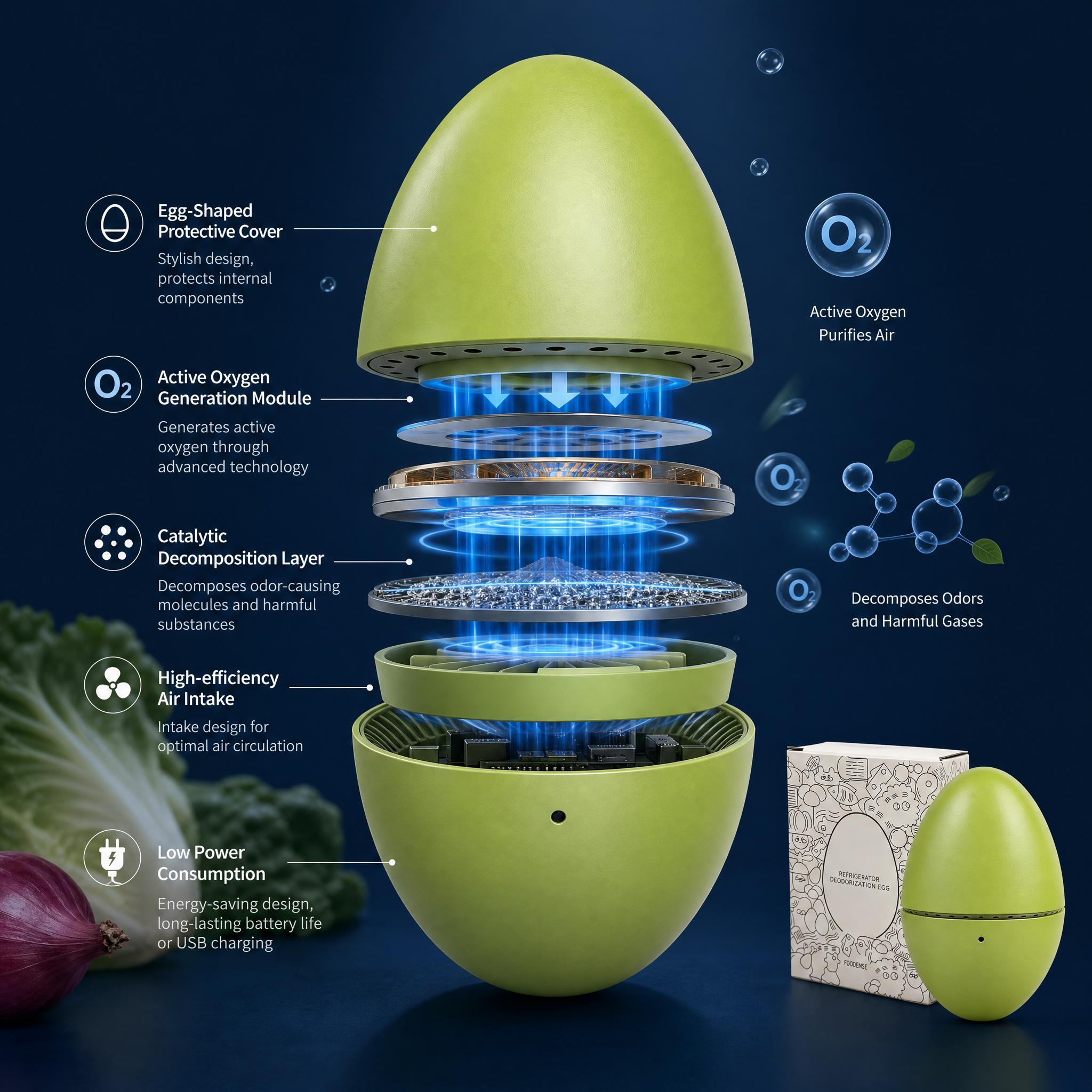1 x Fridge Deodorizer Egg - USB Rechargeable Portable Purifier with Safe Food-Grade ABS Shell, Safety Design, USB Charging Cable, Original Gift Box, Eco-Friendly Compact Size, Extends Food Freshness, Eliminates Cross Smells for Produce Dairy Leftovers