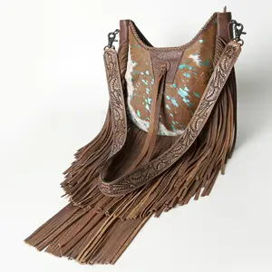 American Darling Hobo Bag Western Leather Hair-On Cowhide Purse with Fringes Hand Tooled Strap and YKK Zipper
