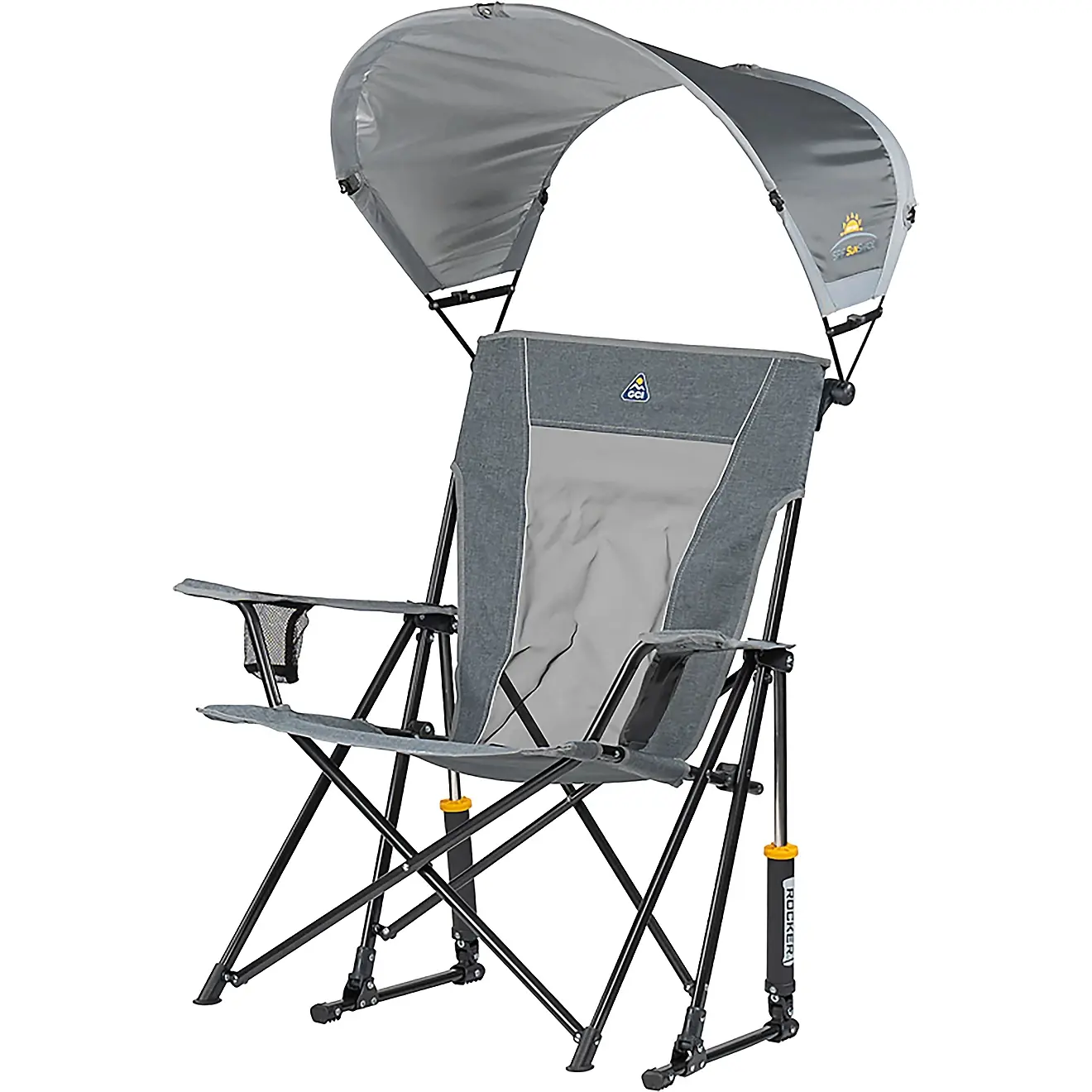 New Upgrade Wide lawn chair, Outdoor SunShade Rocker Chair camping chair with foldable sunshade, suitable for beach camping, foldable outdoor fishing/sports | Comes with two cup holders and storage bag