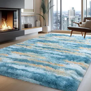Soft Shag Rugs For Bedroom, Abstract Blue and Yellow Fluffy Shaggy Rugs For Living Room Nursery, Luxury Modern Plush Carpet Girls Boys Kids Room Dorm Indoor Home Decor, Upgrade Non-Slip