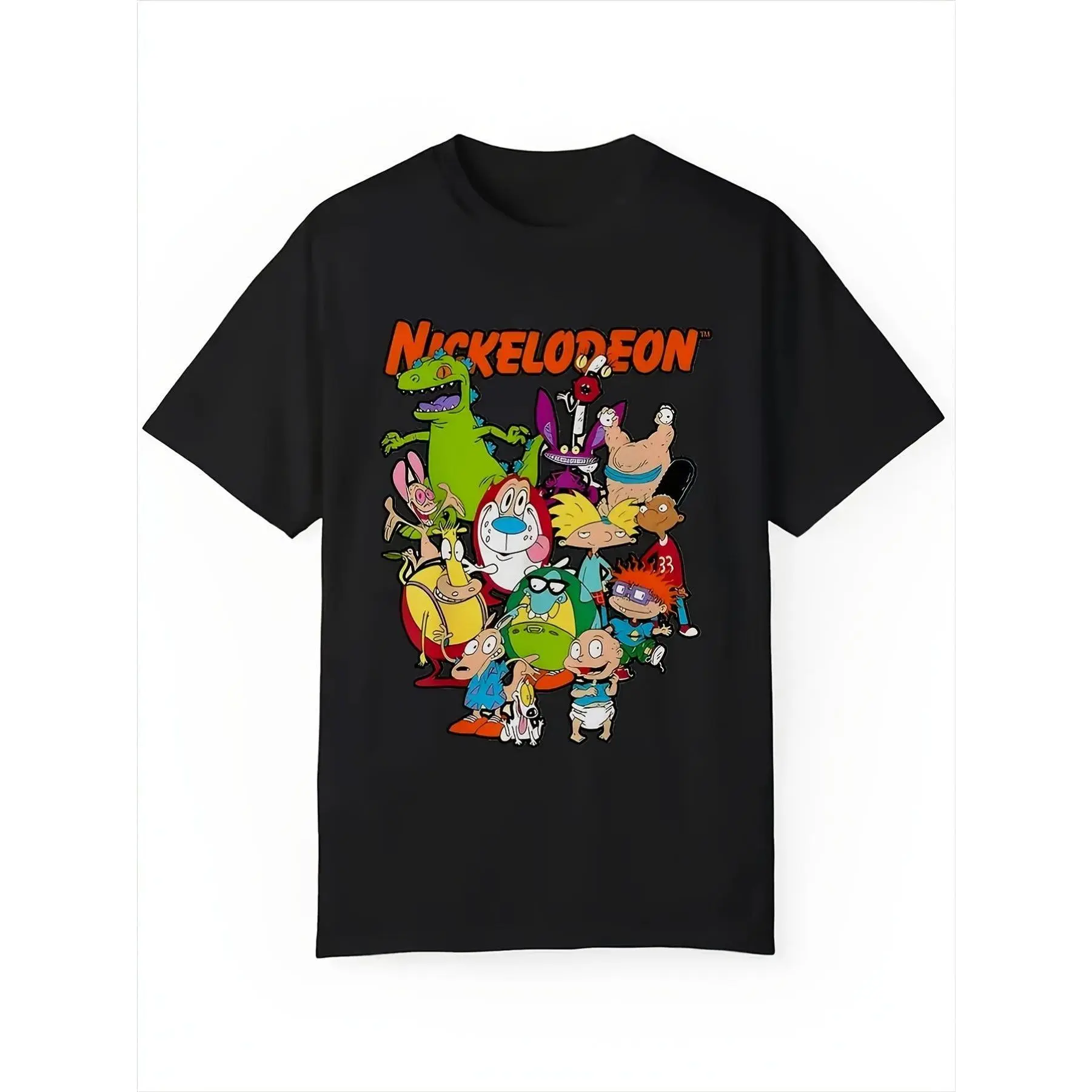 Men's Cotton Ribbed Round Neck Short-Sleeve T-Shirt with Nickelodeon Cartoon Print, Elastic Hem Casual Wear for Daily Gatherings, Shortsleeve, Standard Fit