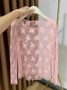 Women's Lightweight Lace Long Sleeve Top Blouse, Spring & Fall Fitted Plain Design, Sexy Style Without Button or Zipper, All-Season Wear