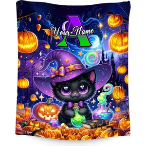 Halloween Flannel Throw Blanket Personalized with Name - Custom Gifts for Cat Lovers, Kids, Women | Cozy Cat Themed Monogrammed Gift