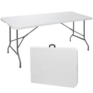 SUPERDEAL Foldable Table 8 FT Space-Saving Folding Picnic Table with Carrying Handle – HDPE, Heavy-Duty, Easy-to-Clean, Indoor/Outdoor, Portable Fold-in-Half Plastic Table for Camping, BBQ, Parties patio furniture