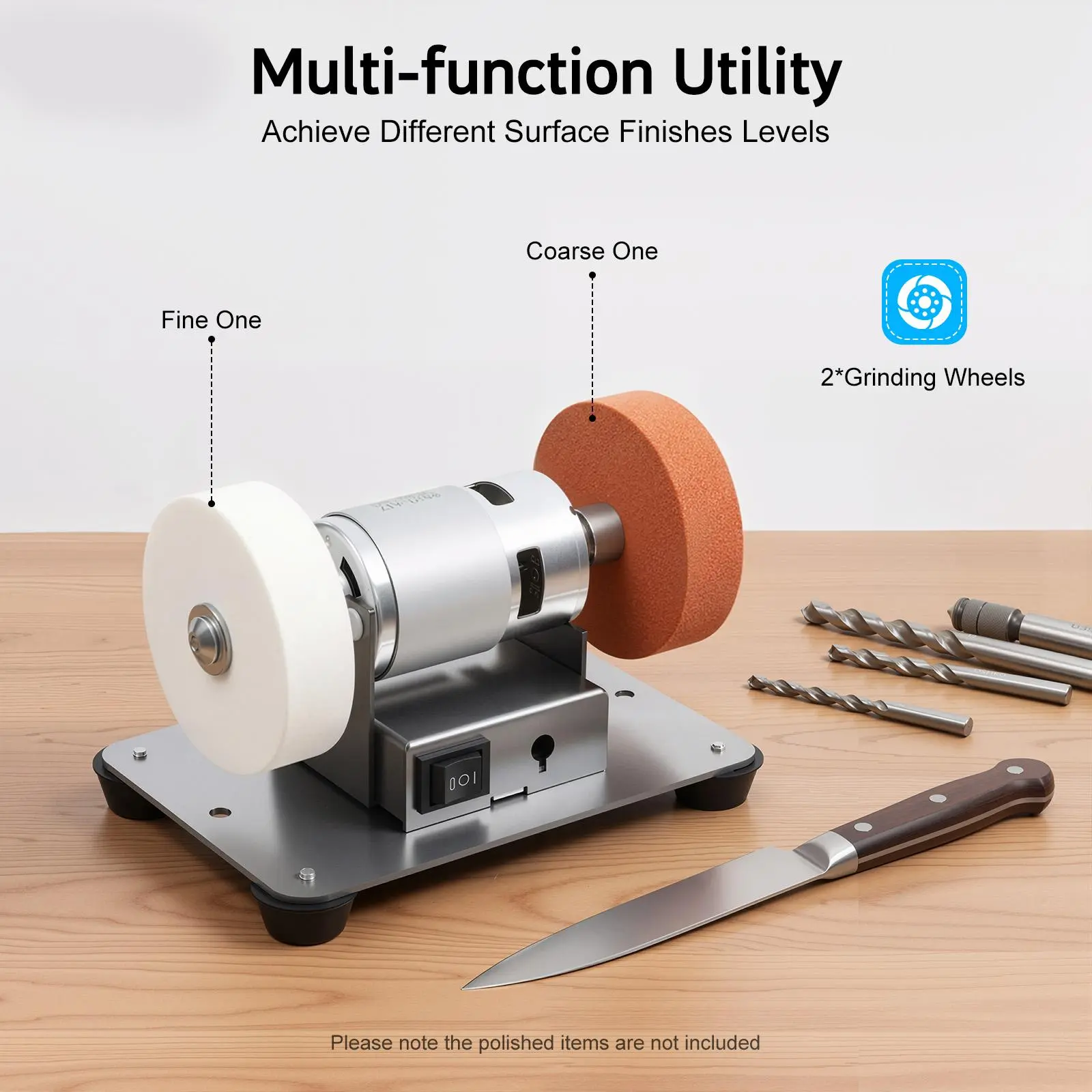 Compact Benchtop Tabletop Sander Power Tool, 110-220V US Plug Cord (0.8M/2.62Ft), 96W, Stainless Steel Frame, 2 Wheels (1 Coarse Grinding Wheel), Forward-Reverse Function, Modern, Easy To Operate, Smooth Sanding, Durable, Knives