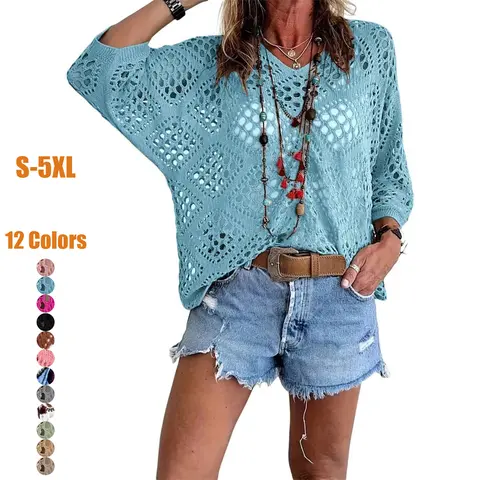 Aether Boho Hollow Out Crochet V-Neck Knit Top - S-5XL Plus Size Casual Relaxed Fit Sweater
