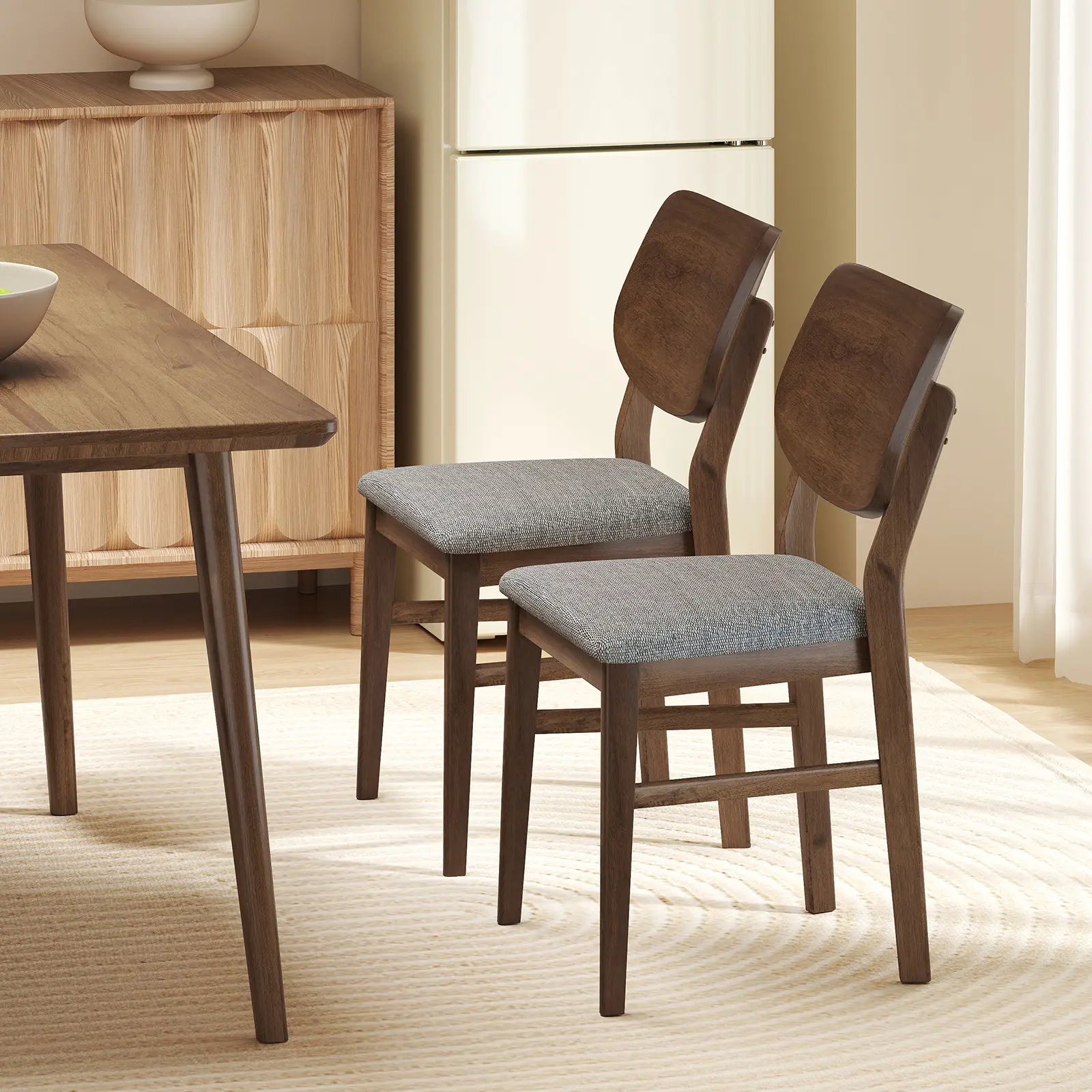 COSTWAY - Farmhouse Upholstered Kitchen Chairs Set of 2 with Rubber Wood Frame-Gray