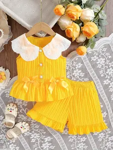 Girl's Summer Set, Bright and Vibrant Lemon Style: Sleeveless Top + Shorts Two-Piece, White Lace Peter Pan Collar + Front Large Bow + Ruffled Hem, Perfect for Kids' Easter Gifts, Suitable for Daily Home & Outfit Wear