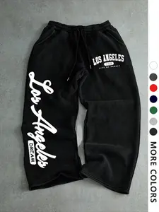 Los Angeles "City of Angels" Print Black Baggy Sweatpants, Elastic Waist Streetwear Joggers for Men, Casual LA USA Graphic Pants.