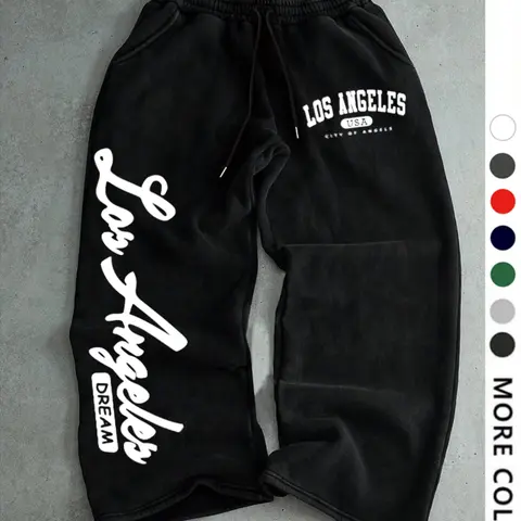 Los Angeles "City of Angels" Print Black Baggy Sweatpants, Elastic Waist Streetwear Joggers for Men, Casual LA USA Graphic Pants.