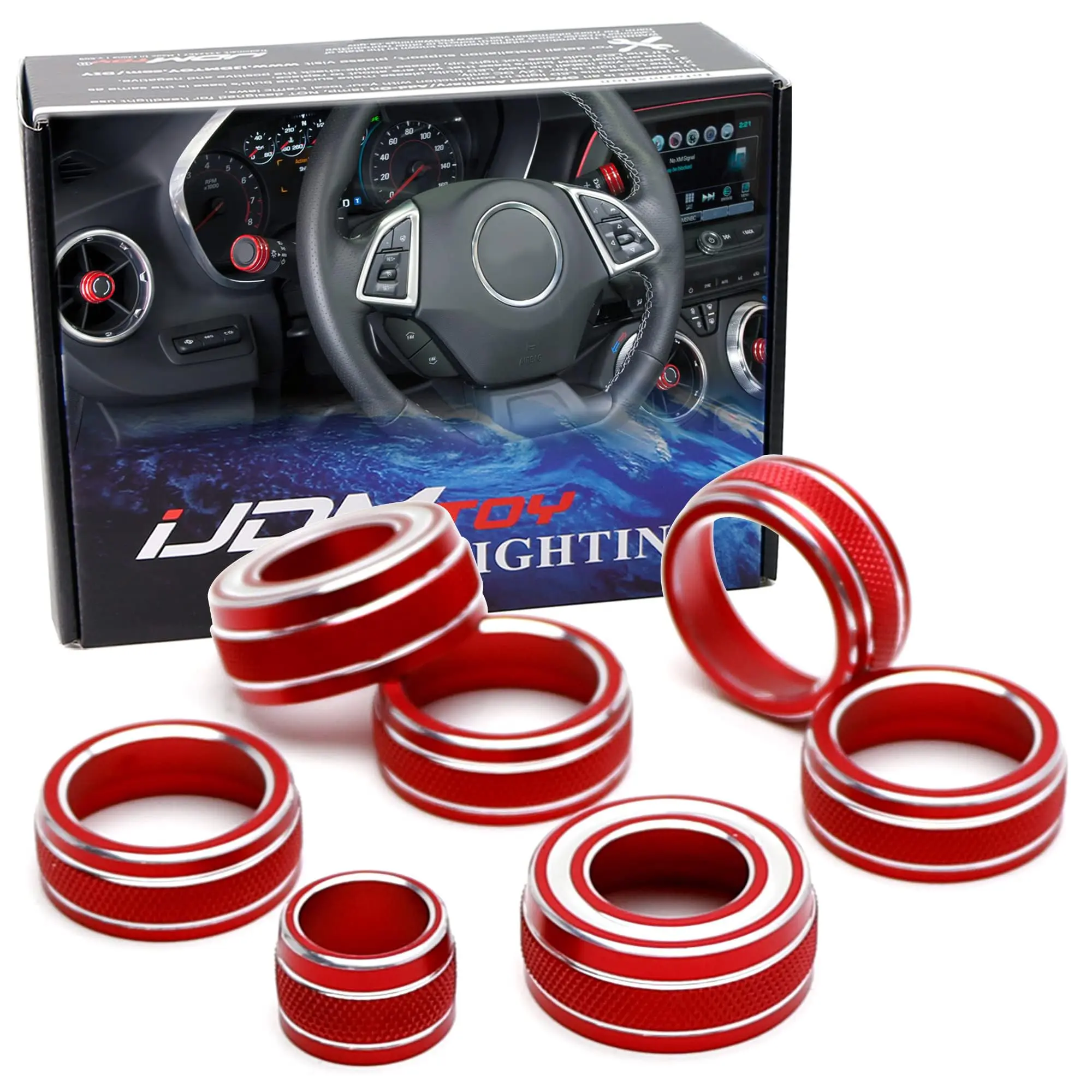 iJDMTOY 7pc Sports Red Aluminum Air Conditioner/Headlight On-Off Switch/Windshield Wiper/Rear View Mirror Adjuster Turn-Knob Covers For Chevrolet 2016-up Gen6 Camaro