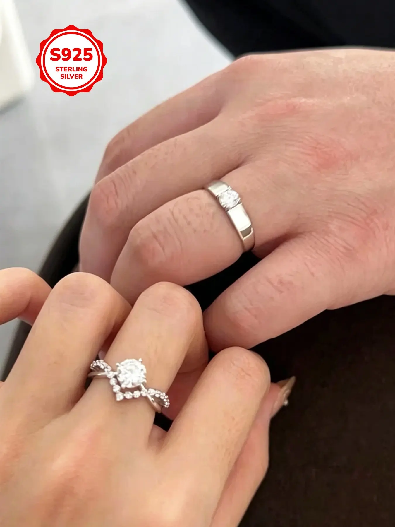 2pcs S925 Silver Moissanite Couple Rings Set, Men's & Women's Engagement Ring, Symbol of Love Promise, Wedding Jewelry Gift