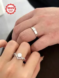 2pcs S925 Silver Moissanite Couple Rings Set, Men's & Women's Engagement Ring, Symbol of Love Promise, Wedding Jewelry Gift