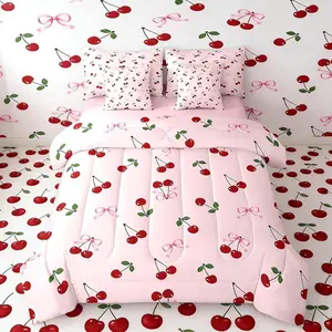 Cute Bows Cherry 7 Piece Bedding Set Watercolor Bow Comforter Set Summer Fruit Bed Set Includes Comforter,Sheet Set,Pillowcases & Pillow Covers Breathable Soft Microfiber Bowknot Pink