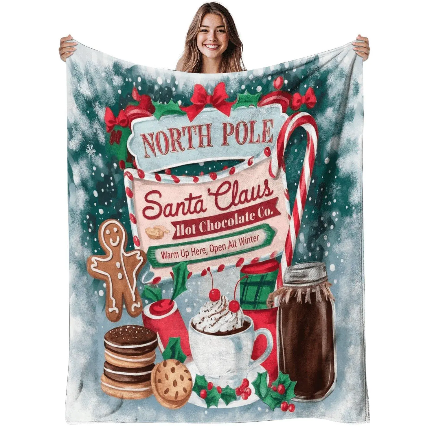 1pc Cozy "Santa Claus Hot Chocolate Flannel" Blanket North Pole Winter Theme with Gingerbread Candy Canes Snowflakes 280gsm Heavyweight All Season Bedspread for Couch Bed Christmas