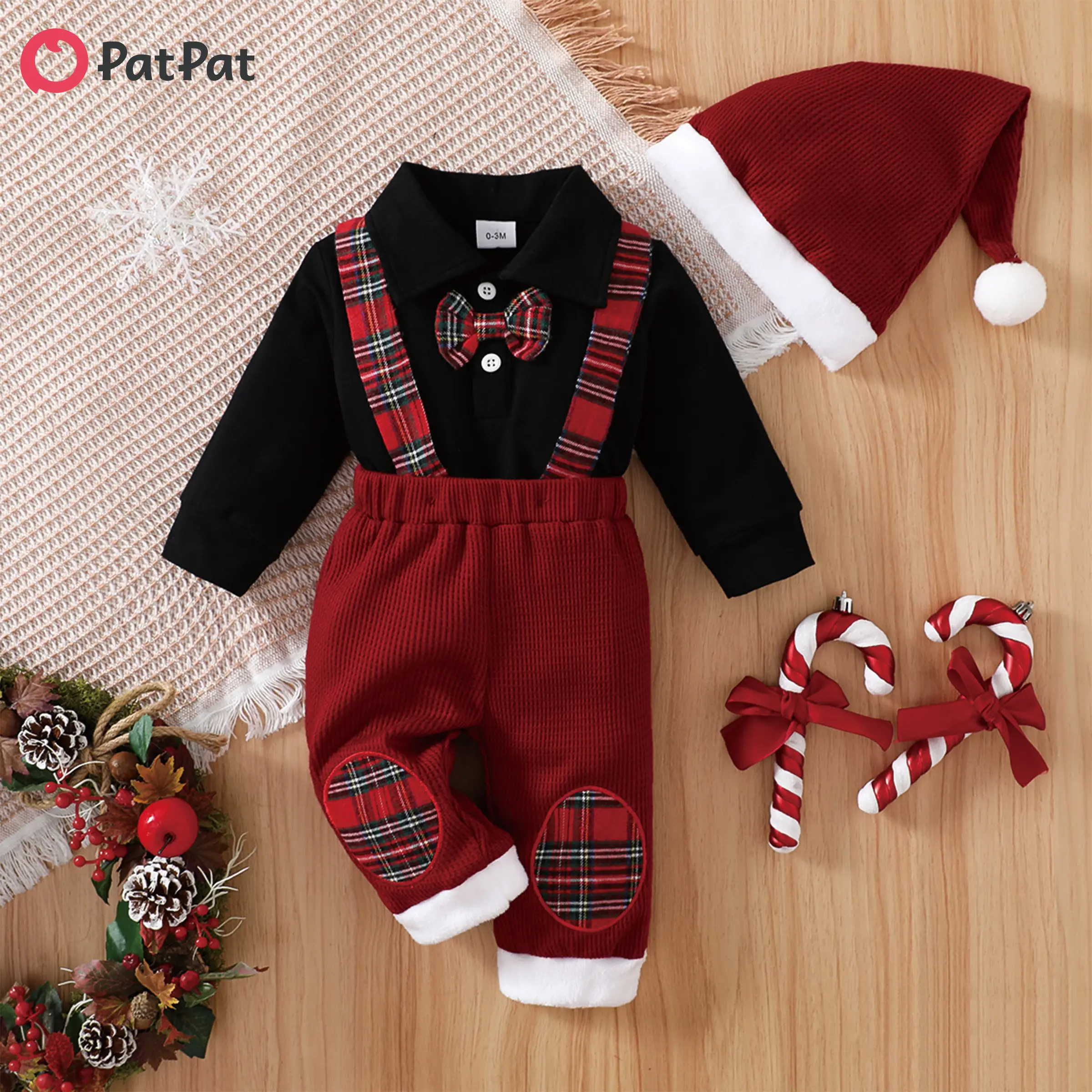 PatPat Christmas 3pcs Baby Boy 95% Cotton Long-sleeve Bow Tie Romper and Red Plaid Spliced Waffle Suspender Pants with Hat Set
