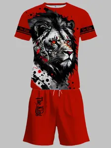 Men's Lion Head 3D Print Short Sleeve T-Shirt and Shorts Set, Loose-Fitting, with Pockets, Drawstring Waist, Perfect Gift