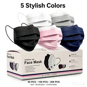 (50/100/200Pcs)-Pack 3-Layer Disposable Face Masks | Breathable Non-Woven Mask - Skin-Friendly- Soft & Comfortable Protective Masks for Travel, Work & Everyday Use