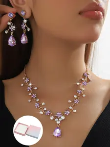 Women's Floral Rhinestone Necklace Earrings Set, Fashionable Jewelry Set, Elegant Copper Chain Jewelry Gift Box, All-Seasons Fashion Accessory
