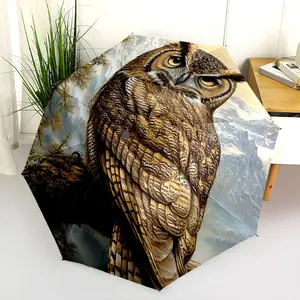1 PC Automatic Folding Umbrella - Great Horned Owl in Mountains Pattern, Portable & Foldable Design with 8 Ribs, Merry Christmas Pattern,Casual Outdoor Accessory Halloween and Christmas Birthday Gifts. J0041