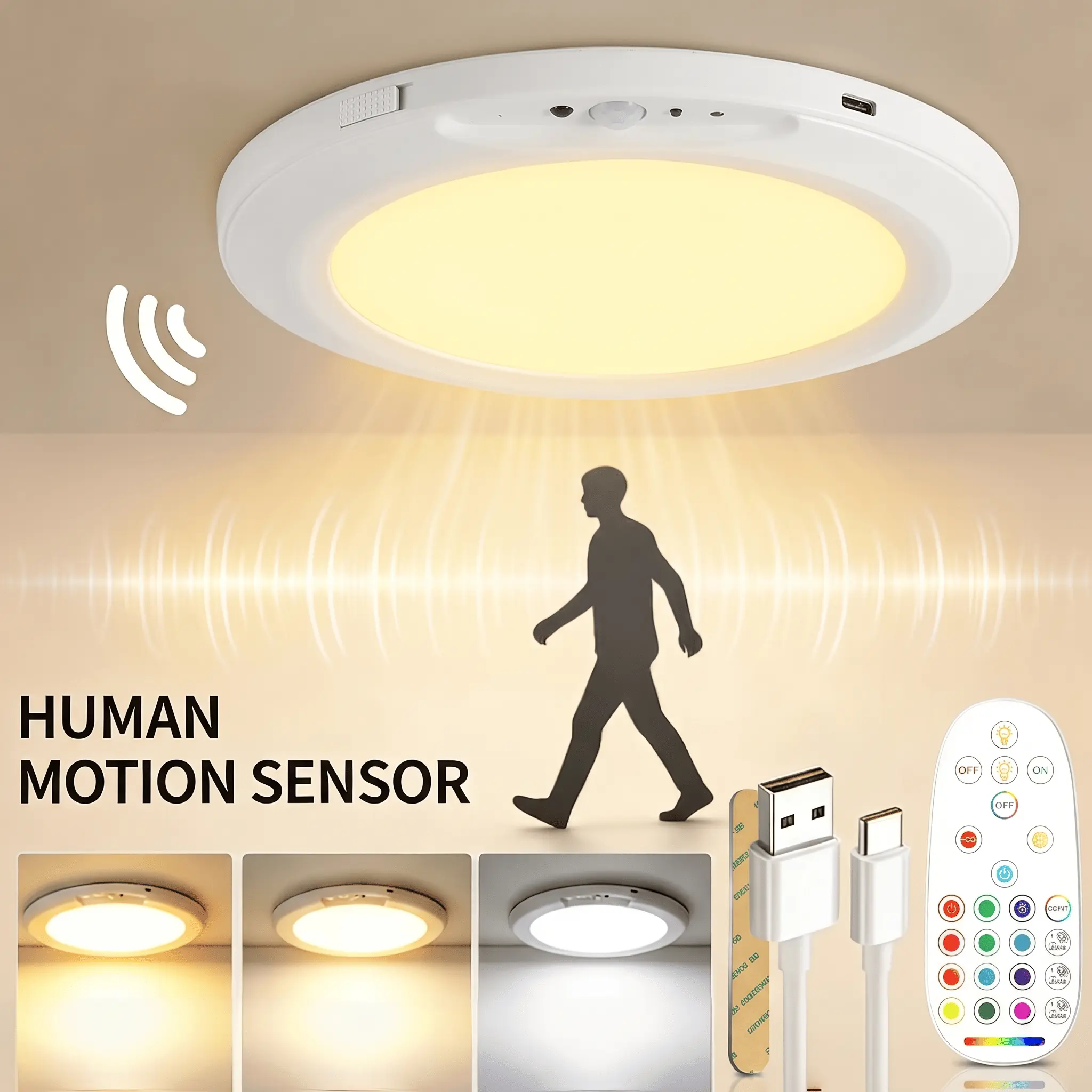 Rechargeable Motion Sensor Ceiling Light with Remote, RGB Color Changing LED Flush Mount Light, Wireless Magnetic Ceiling Lamp for Closet, Bedroom & Hallway