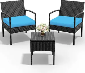 3 Piece Patio Set Balcony Furniture Outdoor Bistro Set Wicker Chair for Balcony Backyard Porch with Table and Cushions