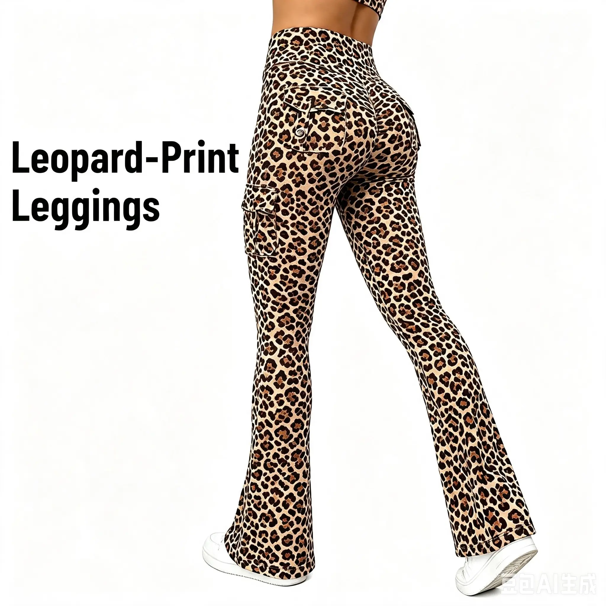 Women's Leopard Print Workout Flare Cargo Leggings with Pockets Hidden Scrunch High Waisted Yoga Pants No Front Seam Gym Fitness Flared Sports Pants, Spandex, Spot, Fitness Gym Clothes, Athleisure Leggings, Women's Clothes,