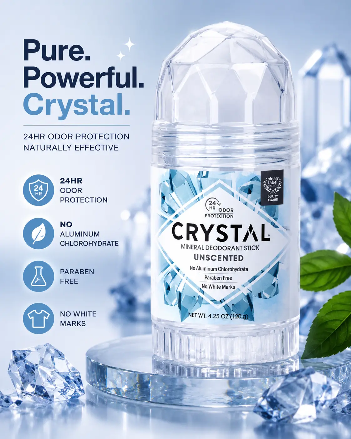 CRYSTAL Deodorant Stick (30003), Unscented, 4.25 Ounce Body Odor Remover Cosmetic