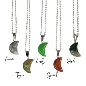Natural Stone Crescent Moon Pendant Necklace 18 Inch Silver Plated Chain