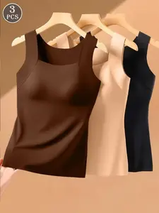 3 Pack Plus Size Women's Camisole Tank Top, Seamless Minimalist Fitted Skin-Fit Underwear with Removable Pads, Bra and Top Combo for Layering or Solo Wear