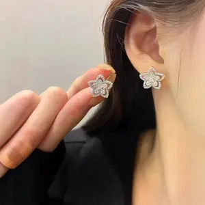 Luxury Flower Stud Earrings for Women, Silver Crystal Floral Earrings, Sparkly Elegant Statement Jewelry for Wedding Party Anniversary Birthday Gift