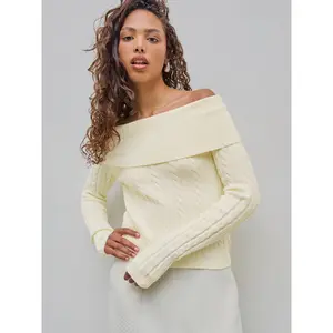 Cider [size 2-26] Cable Knit Off-shoulder Solid Long Sleeve Sweater
