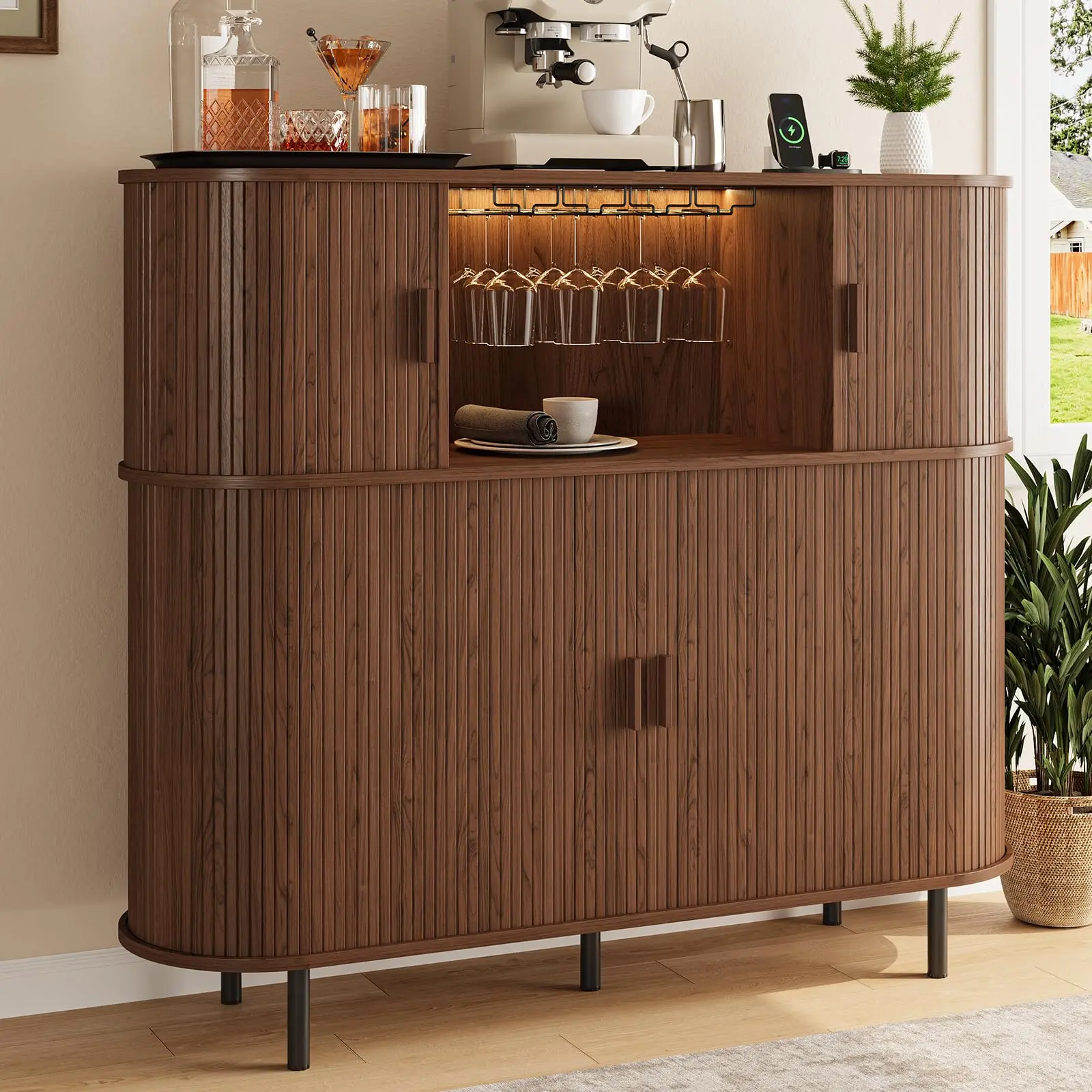 【SummerFinds】ONBRILL 55" Fluted Wine Bar Cabinet with LED Lights, Coffee Bar Cabinet with Power Outlet, Modern Liquor Whiskey Cabinets with Wine Rack and Glass Holder, Home Bar for Living Room Kitchen