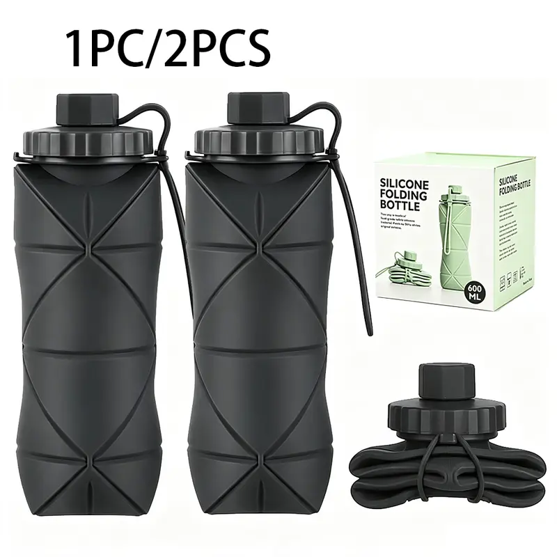 2PCS Foldable Soft Silicone 20oz Sports Water Bottles, Food-Grade Leakproof Portable Compact Drinking Containers for Fitness, Outdoor Adventure